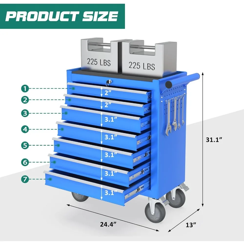 7-Drawer Rolling Tool Chest Toolbox, Rolling Tool Box with Wheels, Tool Chest with Keyed Locking System and Drawer Liners