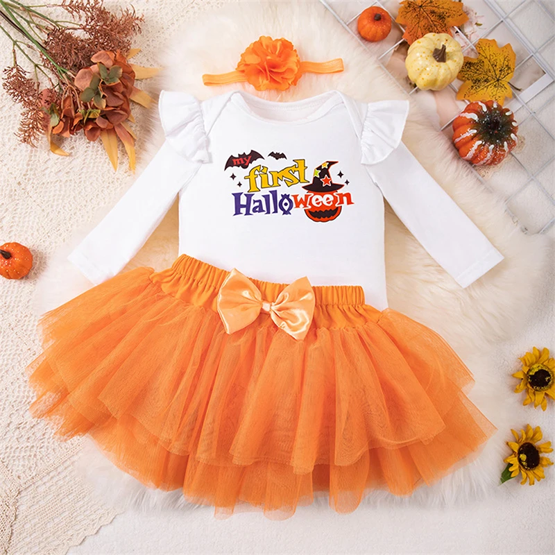 0-18 Months Baby Girls 3PCS Halloween Sets Flying Sleeve Letter Witch Hat Print Romper Tulle Skirt Headband Sets