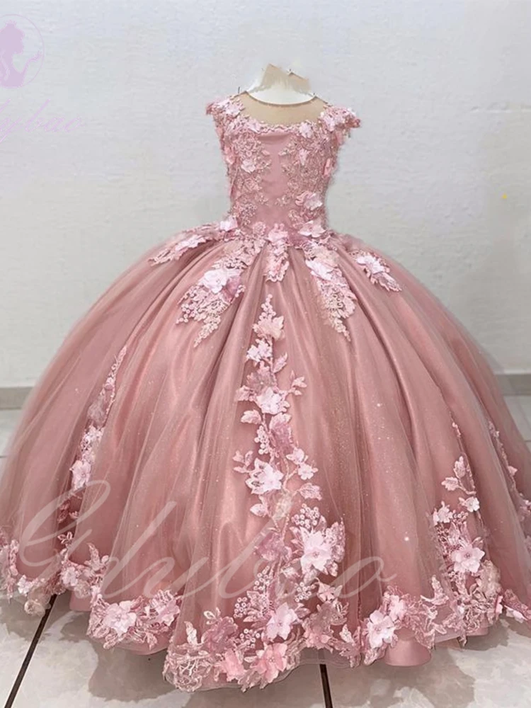 Vestido floral rosa para casamento, tule inchado, apliques frisados, sem mangas, aniversário, concurso de bebê, princesa, primeira comunhão