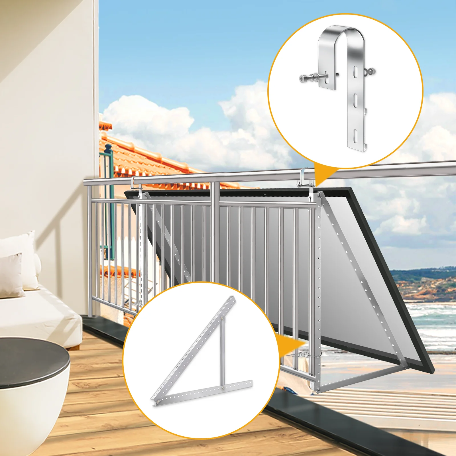 2PCS  Aluminium Solar Panel Balcnoy Hook, Solar Panel Mounting Bracket, Duplex Wire Rope Clip, PV Module Holder for Balcony Rail