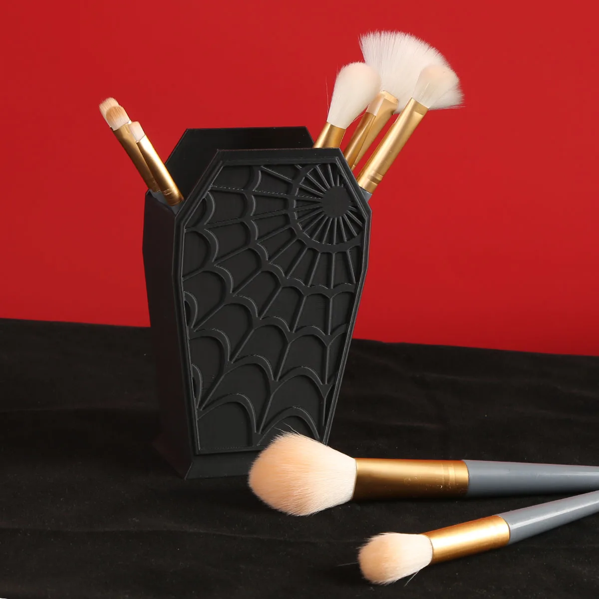 Gothic Coffin-Shaped Spider Web Makeup Brush Holder - Lightweight Plastic Desk Organizer for Vanity or Office Decor