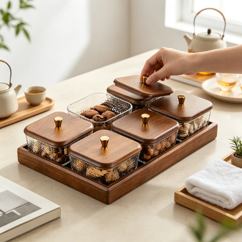 Walnut Wood Snack Tray Glass Lid Partition Storage Plate for Candy Dried Fruit Coffee Table Home Decorative Daily Use 간식 트레이