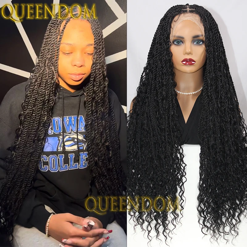 Synthetic Glueless Box Braid Wig 32 Inch Handmade Bohemian Braids Wig with Curly End Full Lace Crochet Senegal Twist Braided Wig