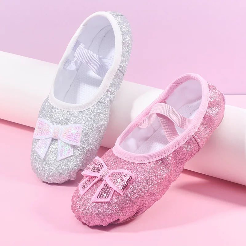 Scarpe da balletto Bowknot blu rosa lucido per ragazze scarpe da bambino per ragazza scarpe da ballo piatte da ballo Geritide con paillettes per