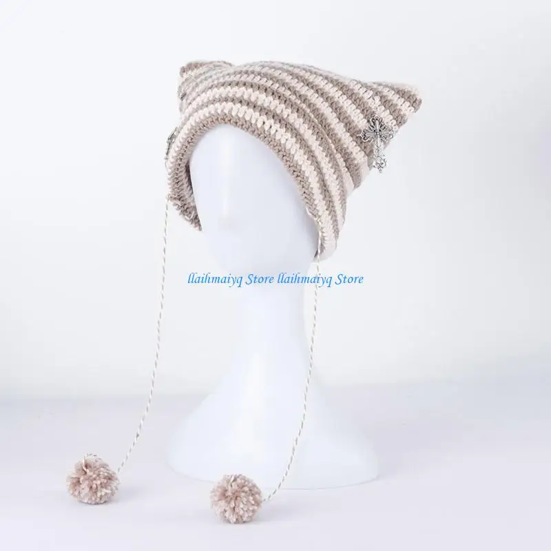 

573B CrochetCotton Earflap Hat Fashion Women Hat Teens Girls Y2K Cats Ear Bobble Hats