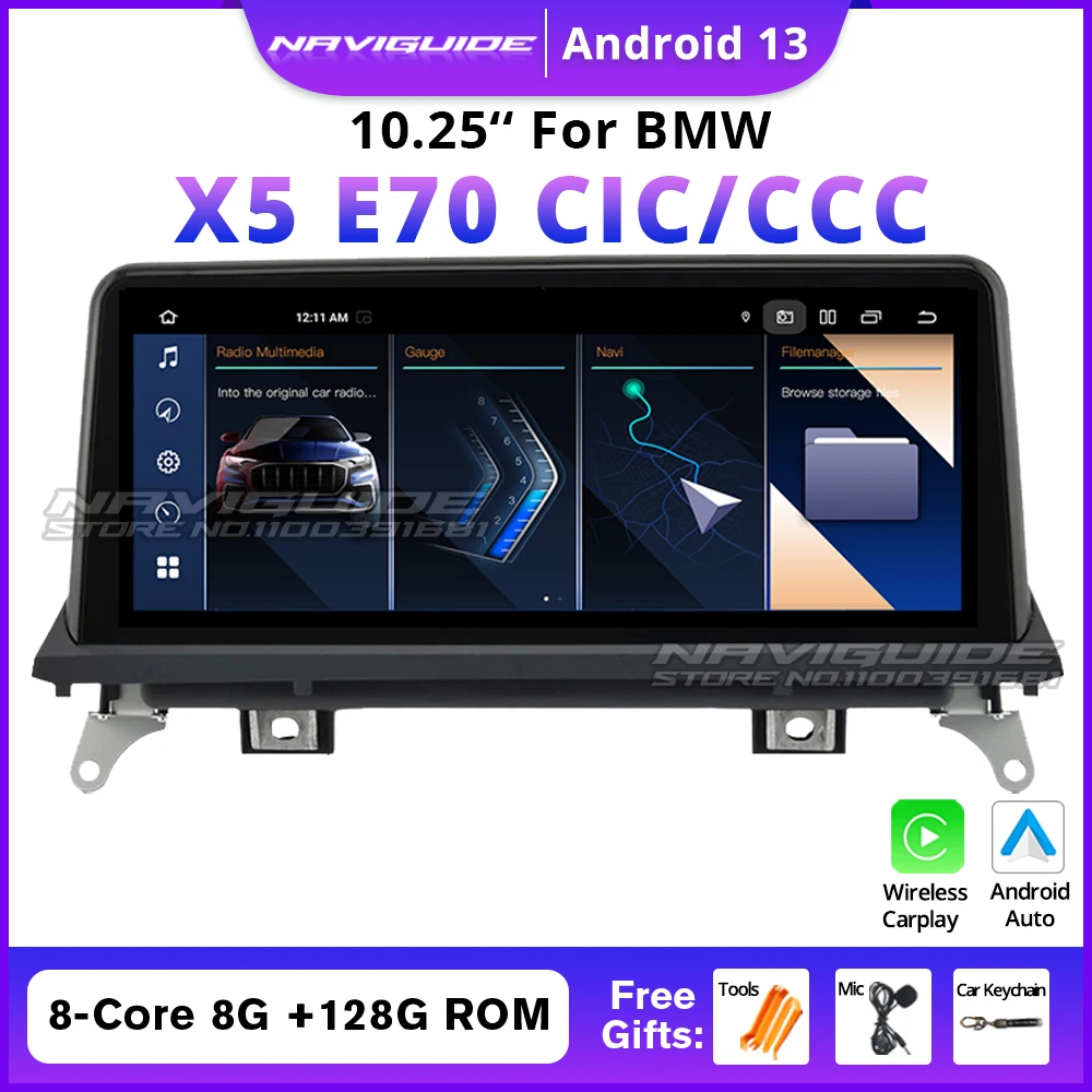 NAVIGUIDE 10.25 Inch Carplay Car Radio Multimedia Player For BMW X5 E70 X6 E71 2010-2017 CCC CIC System Bluetooth Display Scree