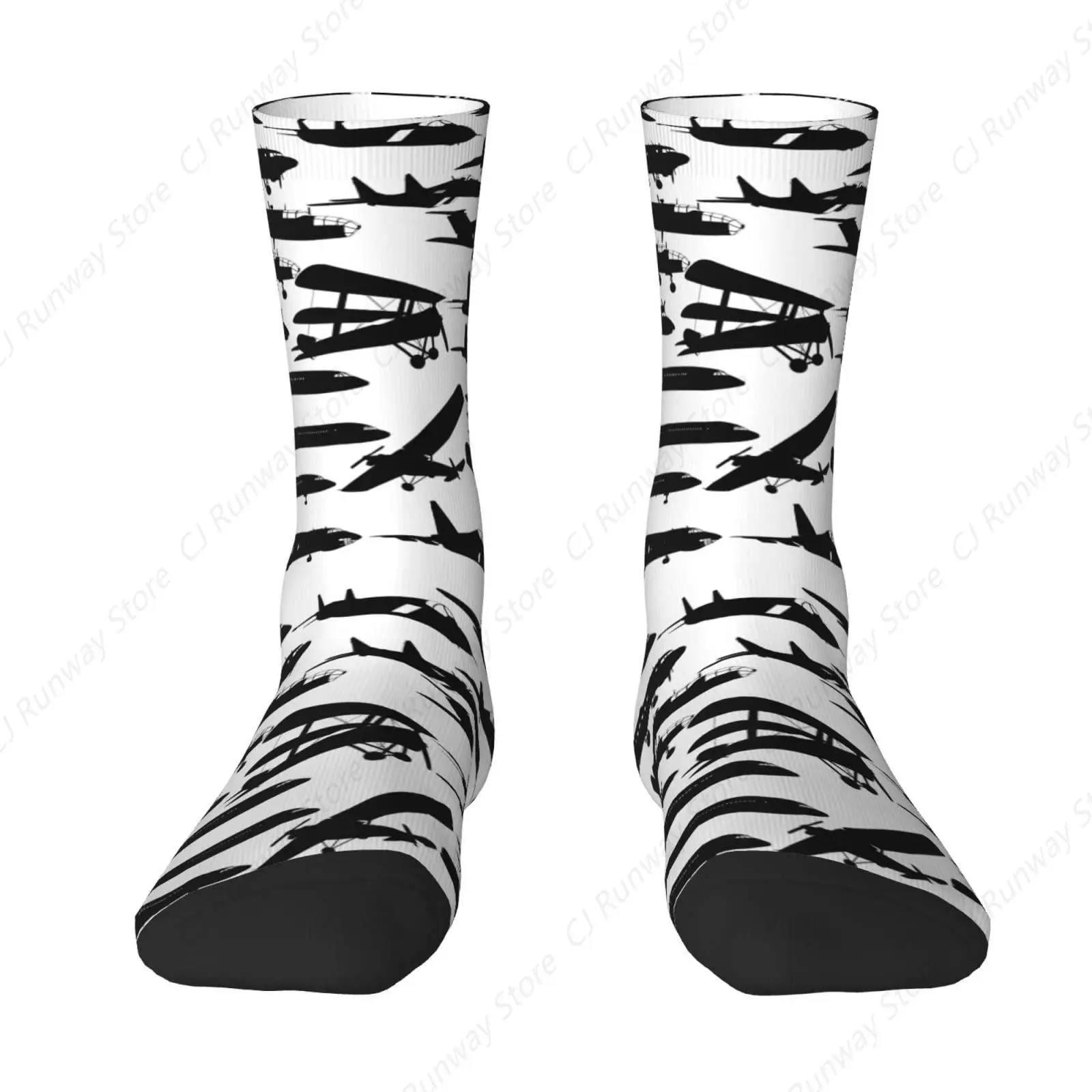 Middle Calf Socks Crew Athletic Socks Novelty Cozy Casual Socks for Womens Mens 15-16‘’ Aviation Airplane Pilot Crew Socks