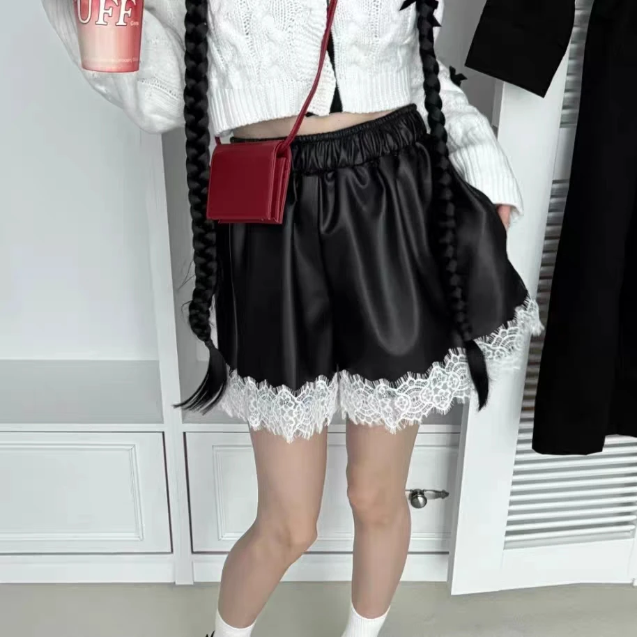 المرأة ربيع الخريف مرونة الخصر الدانتيل المرقعة بولي Leather السراويل الجلدية سيدة الكورية نمط بلون فو الجلود فضفاض السراويل