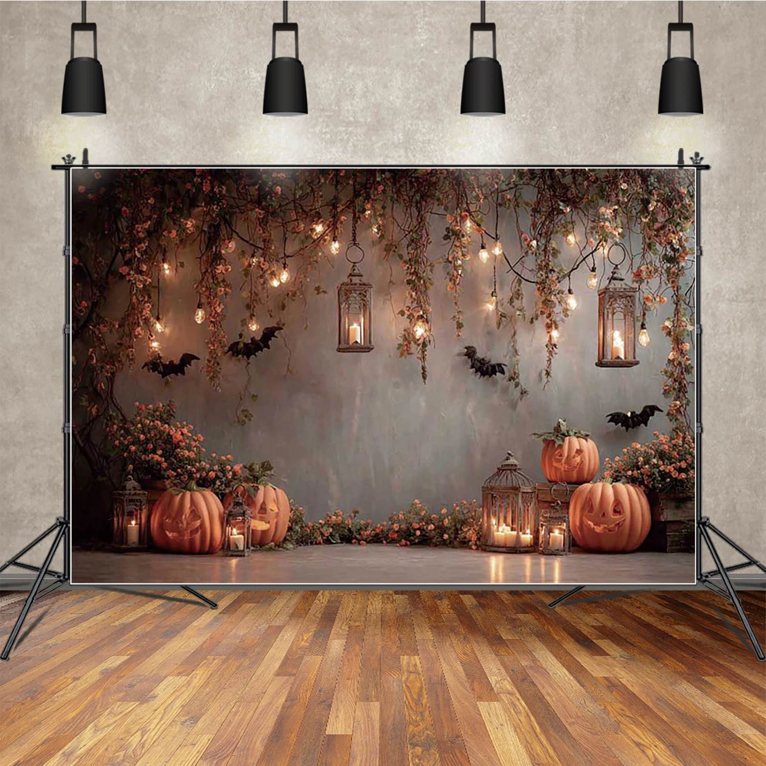 

MOON.QG Halloween Photo Background Vines String Lights Lanterns Backdrop Party Photography Props Decorations Portrait Supplies