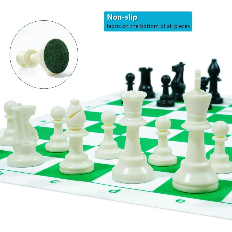 20inch Portable Silicone Chess and Checker Board Game Set with 3.75inch High Plastic Chess Pieces Extra Queens Storage Bag Idea