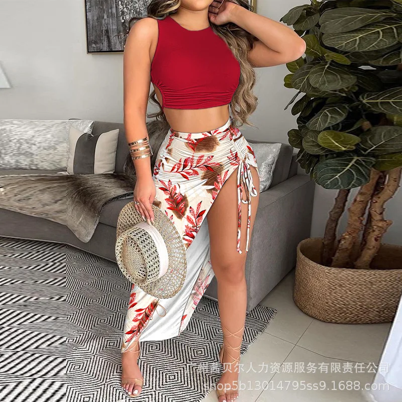 

Mandylandy Printed Vest Tops Summer Sexy Dress Sets Women Sleeveless Tanks Tops Skinny Slit Skirt 2 Piece Sets Outfits Clothing