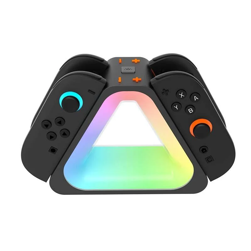 Ładowarka do 2 kontrolerów Joy-Con Switch, stacja szybkiego ładowania 4 w 1 do kontrolerów NS2, trójkątny kształt z podświetleniem RGB LED