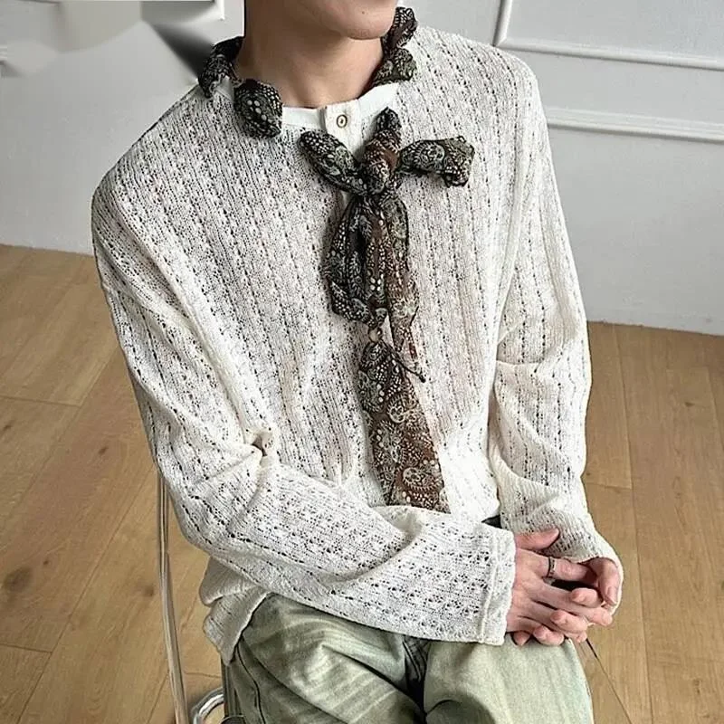 Boho Men's Knit T-shirt Openwork Neck Scarf Decor Design Long Sleeve Casual Pullover Lightweight Hollow Out Top NGH6