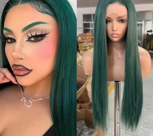 

Green Straight Synthetic Front Lace Wigs For Women Dark Green Wig Silk Straight Synthetic Hair Lace Wigs Cosplay Daily Wear Part
