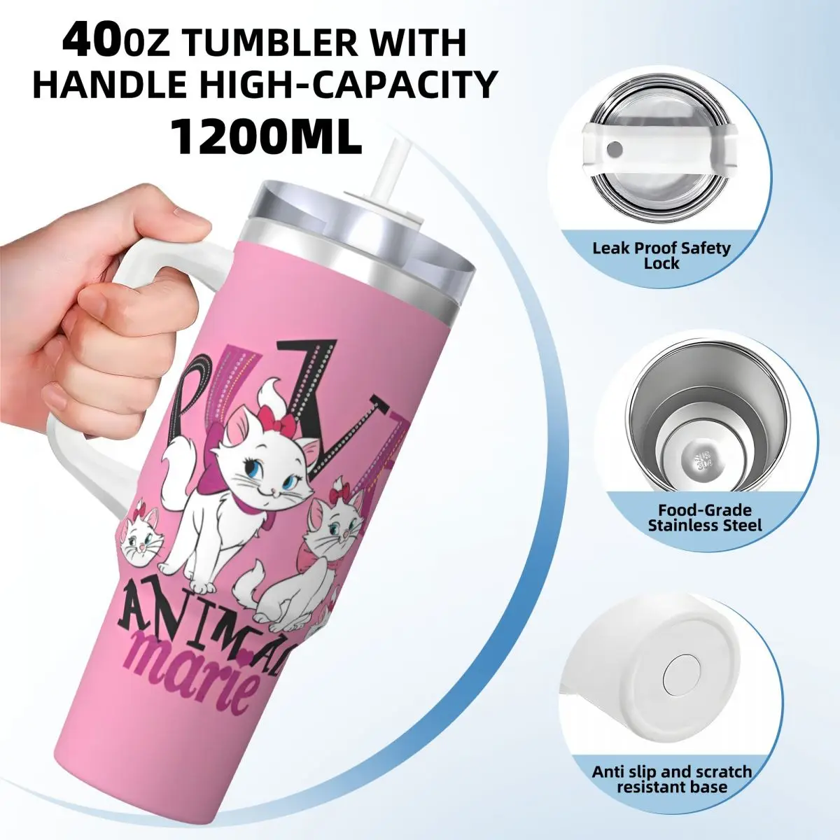 Stainless Steel Tumbler Marie Cat Cartoon Coffee Mug Insulated Cold Drink Car Mugs Beach Printed Water Bottle