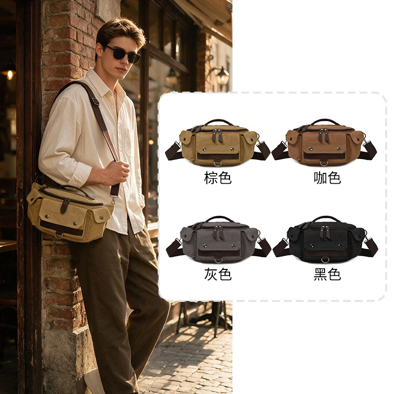 Vintage Canvas Crossbody Bag, Multi‑pocket Wear‑resistant Casual Hand‑held Shoulder Bag