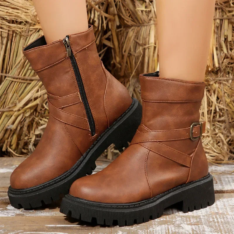 

Leather Side Zipper Short Boots for Women Cross Border Round Toe Thick Soled Belt Buckle Rider Leather Boots