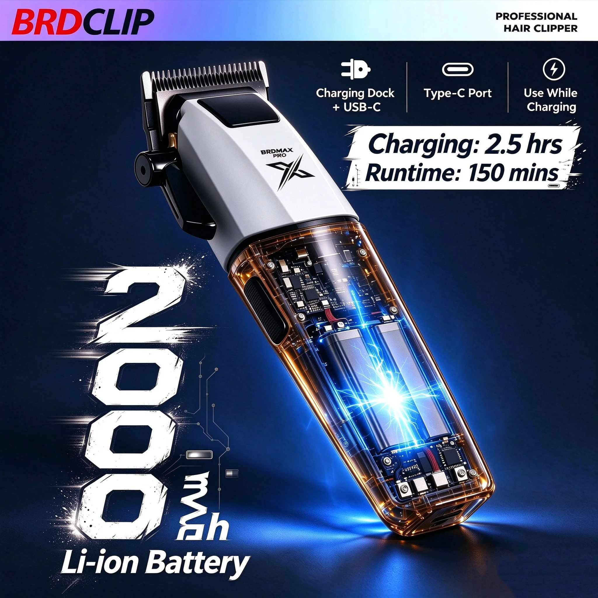 BRDCLIP Weißer Profi-Haarschneider für Friseursalons, 8000 U/min, Geräuscharme Keramikklinge, Herren-Haarschneidemaschine – Detail 2
