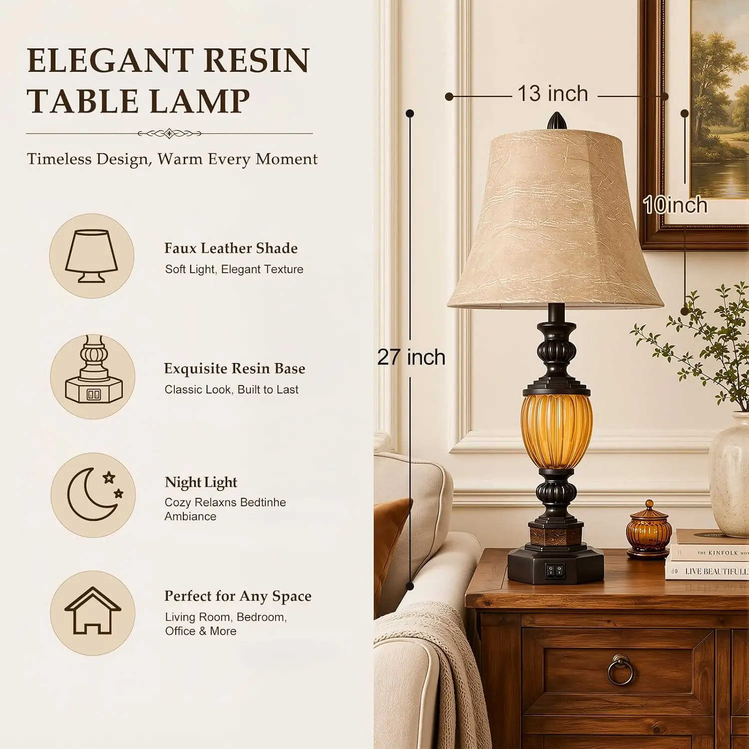 Scenekoy Resin Lamps for Nightstand, Table Lamp Set of 2 with Night Light | Night Light, USB C+A Charging Ports, Faux Leather Sh