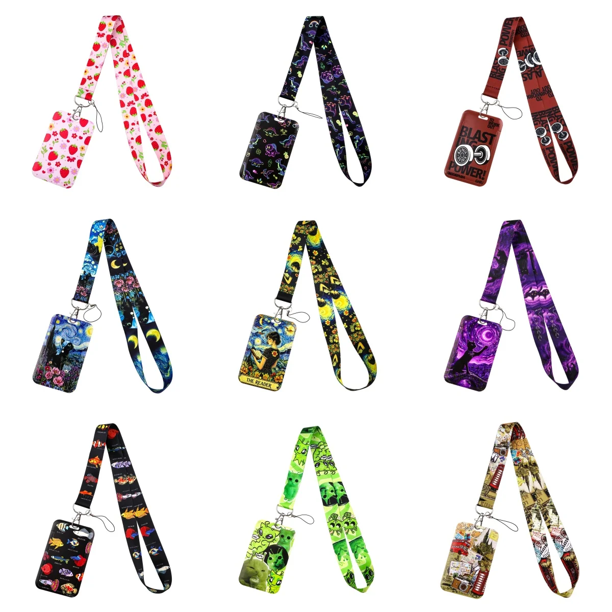 Cartoon Fish ID Badge Holder with Lanyard Vintage Van Gogh Art Starry Sky Neck Strap Card Case for Office School Holiday Gift