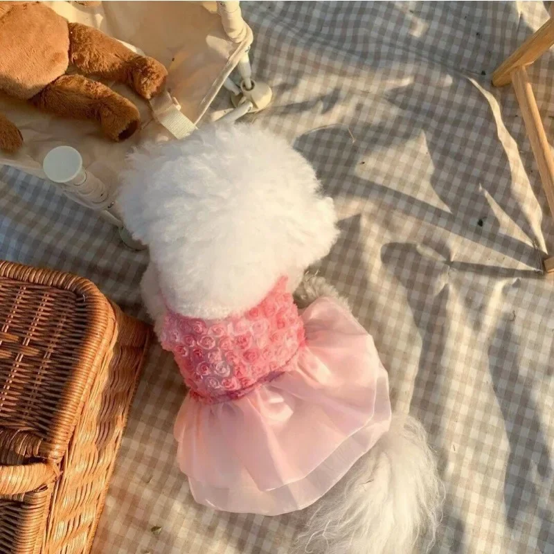 Vestido de primavera y verano para perro, ropa para cachorro y gato, vestido de boda rosa para mascotas, falda para perros pequeños y medianos, oso Pomerbi