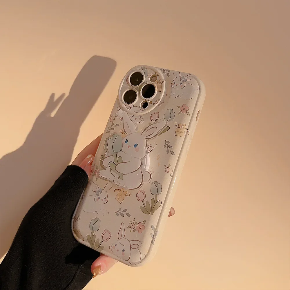 Funda de teléfono con soporte de conejo de dibujos animados para iPhone, carcasa suave y bonita para iPhone 15, 14, 13, 12, 11 Pro Max, Xr, X, 15, 14 Plus