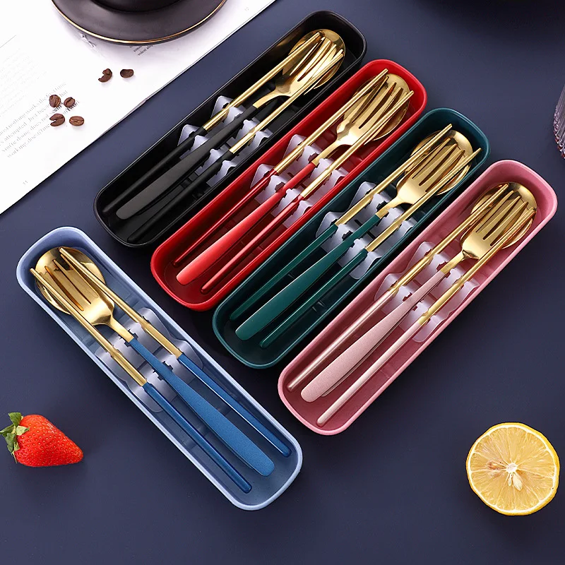 

Stainless Steel Portable Cutlery Set With Box Fork Spoon Chopstick Set Student Tableware Three Piece Set Travel Camping Flatware