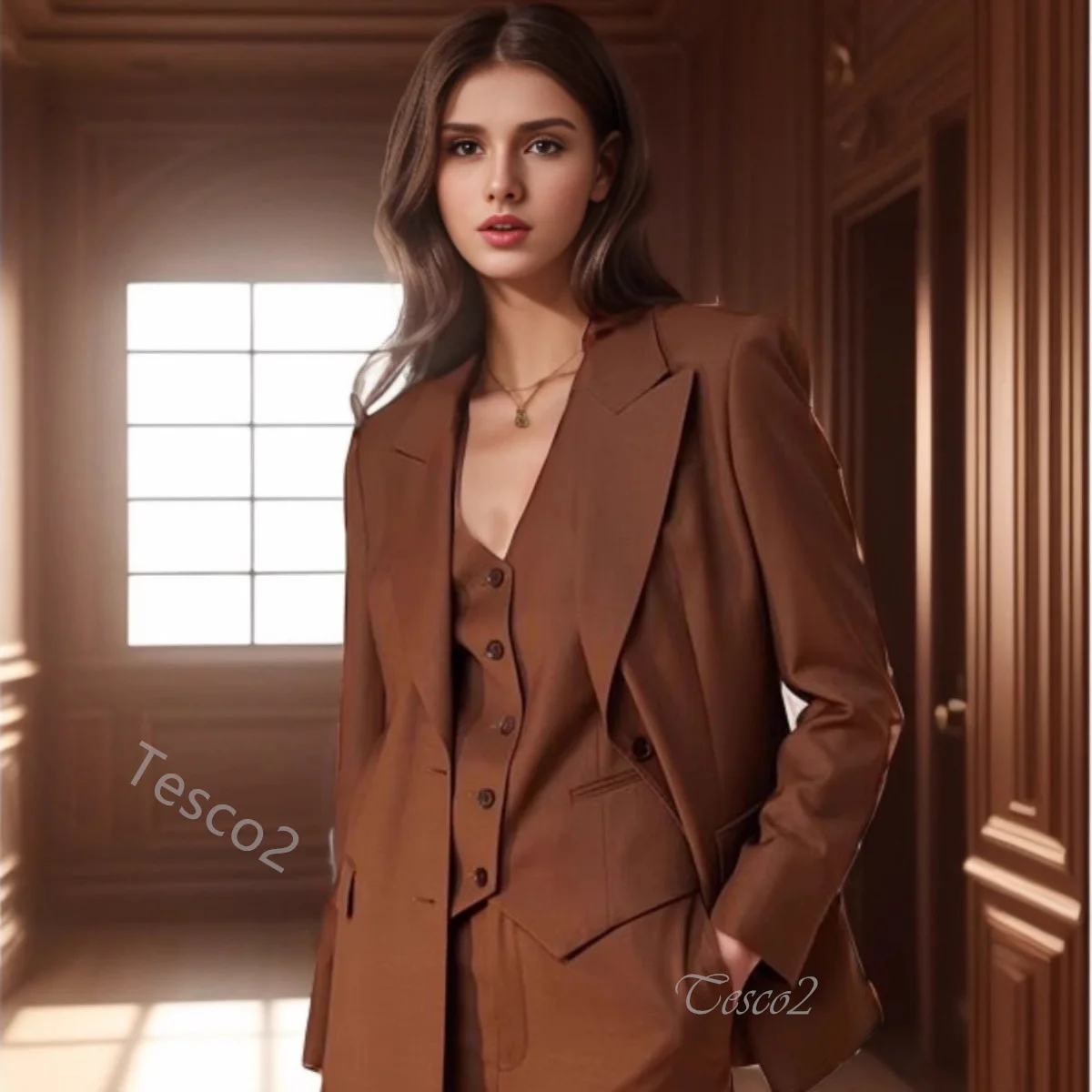 Tesco Fashion Office Sets for Women Casual Brown Pants Sets 2024 Women\'s Suit Blazer+Pants+Vest 3 Piece for Formal Occasion