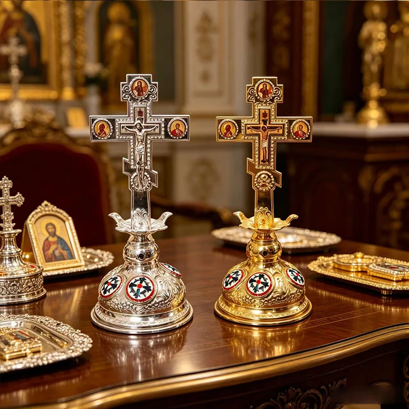 Byzantine Orthodox Standing Cross with Icons 25cm Gold Silver Metal Jesus Crucifix for Altar Church Supplies Christian Gift Set