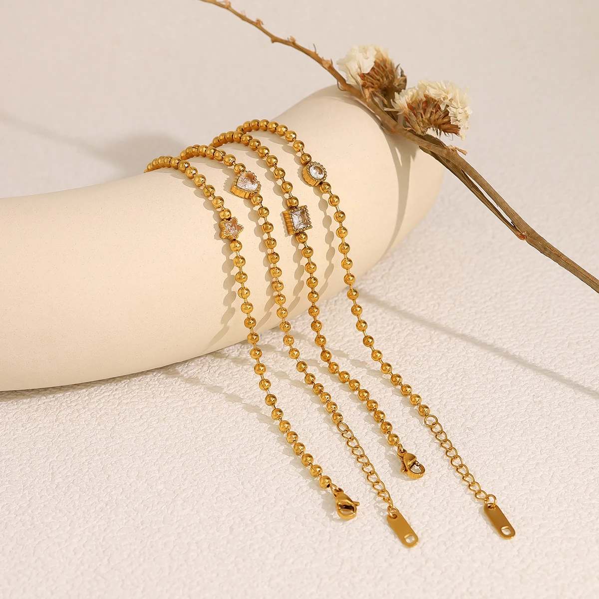WILD & FREE Trendy Stainless Steel Beads Bracelets for Women Luxury Geometric Heart Star Crystal 18K Gold Plated Jewelry