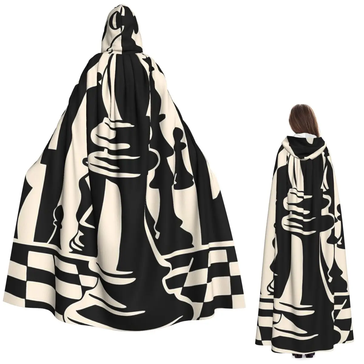 

Chess Pieces On Board Chessboard Long Hooded Cloak Witch Medieval Costume Cosplay Cape HalloweenCoat Adult Unisex