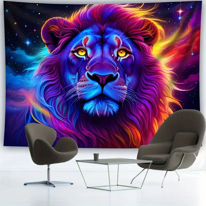 VIKAMA Neon Galaxy Starry Sky Lion Colorful Oil Painting Tapestry Background Living Room Esports Room Atmosphere Room Decor
