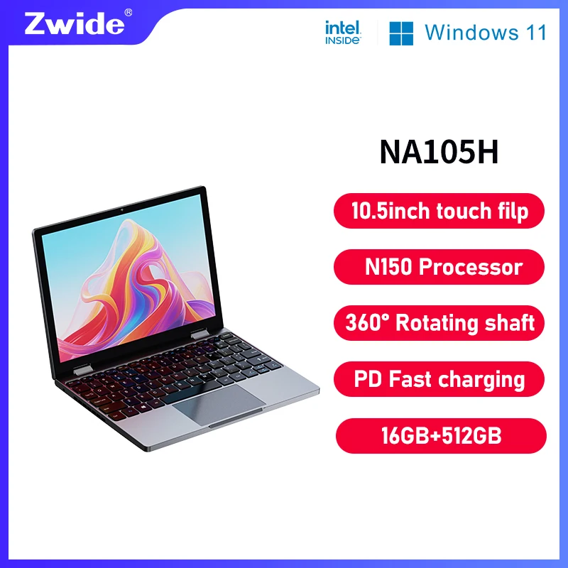 Zwide NA105H Mini Laptop Tablet 2-in-1 Intel N150 CPU 10.5" FHD IPS Screen 16GB LPDDR5 512G SSD Windows 11 Notebook