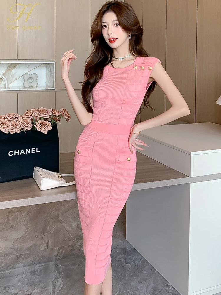 H Han Queen Summer Knitting 2 Pieces Set Women Sleeveless Tops + Simple Fashion Pencil Skirts Casual Simple Office Skirts Suits