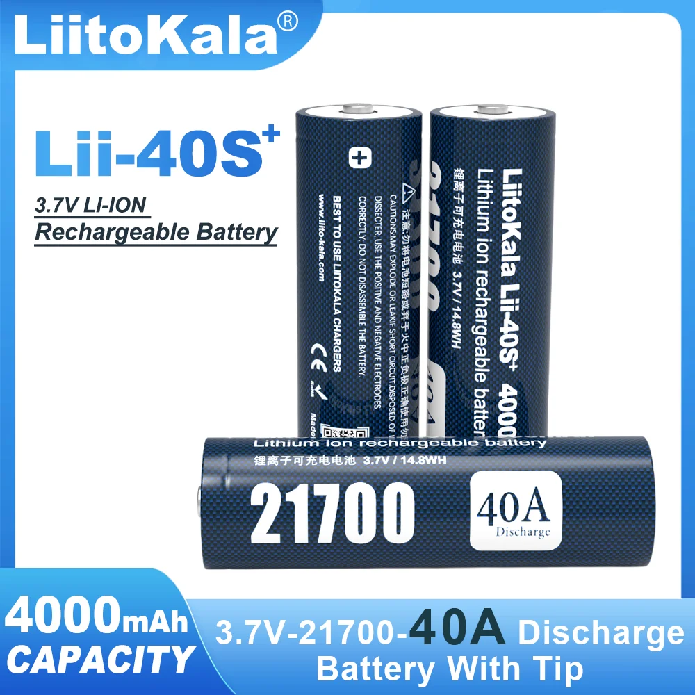 1-6PCS LiitoKala Lii-40S 21700 Battery 3.7V Li-ion 4000mA 40A Discharge Batteries 4.2v high drain devices+Pointed tip