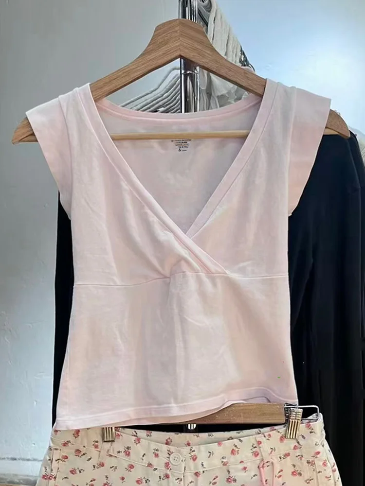 Pink V-neck Short Sleeve T-shirt Women's Cross Slim Fit Cotton Top Versatile Base Layer Vest Brandy Girl Simple Style