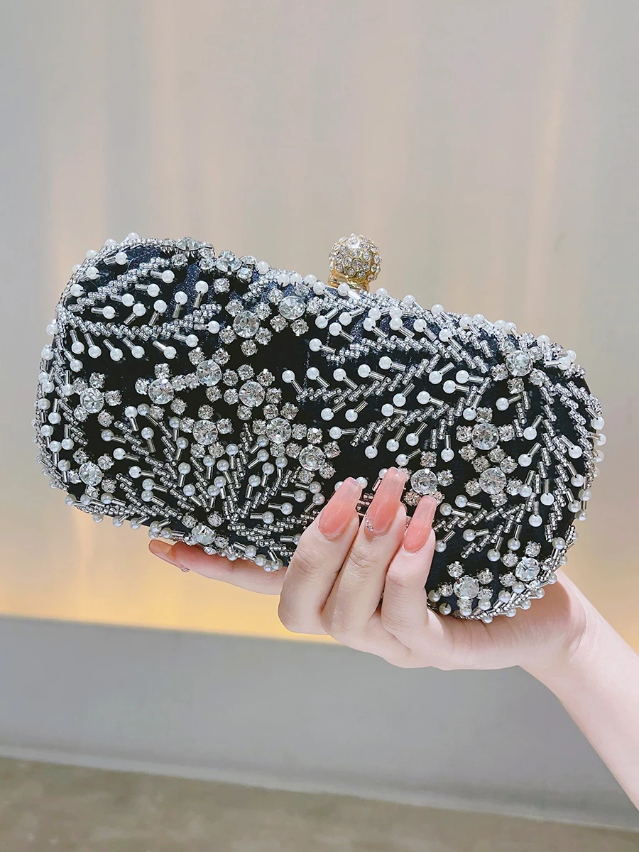 Faux Pearl & Diamond Kiss Lock Clutch Bag, Party Bag, Metal Chain Cocktail Handbag