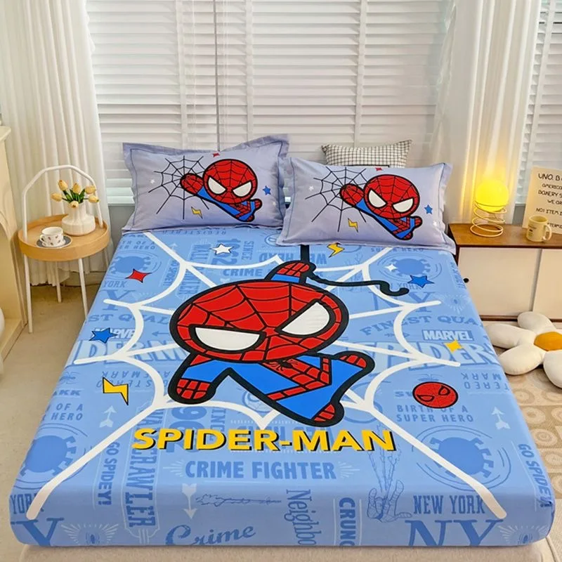 Marvel Spiderman Bed Mattress Cover Cotton Kawaii Cartoon Spider Man Bed Linen Fitted Sheet Bedspread For Kids Adult Queen Size