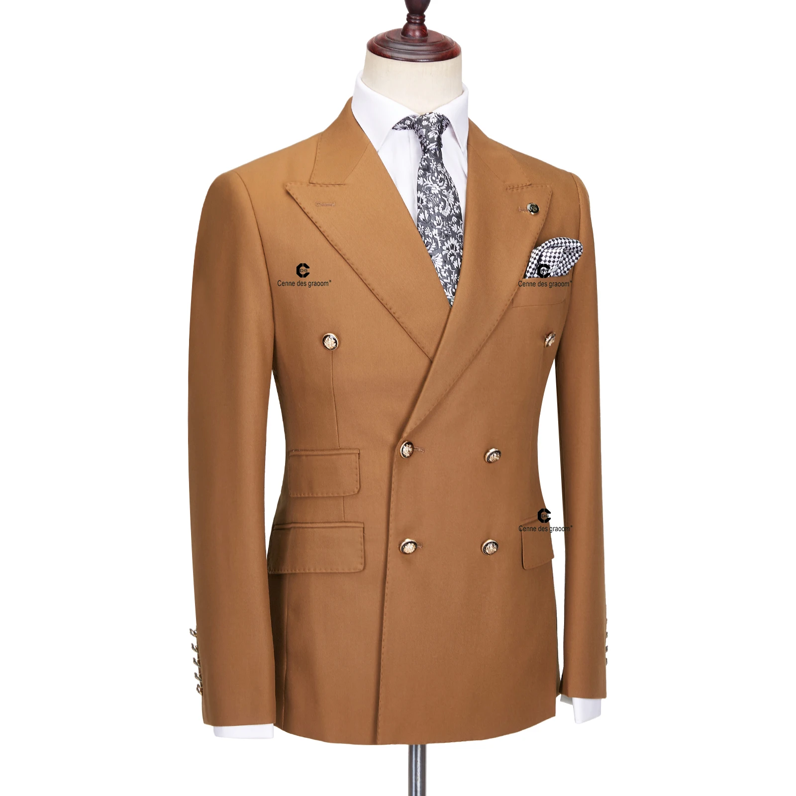 Cenne Des Graoom 2023 New Elegant Suits For Men Double Breasted Two Pieces Set Slim Fit High Quality Wedding Party Costume Brown