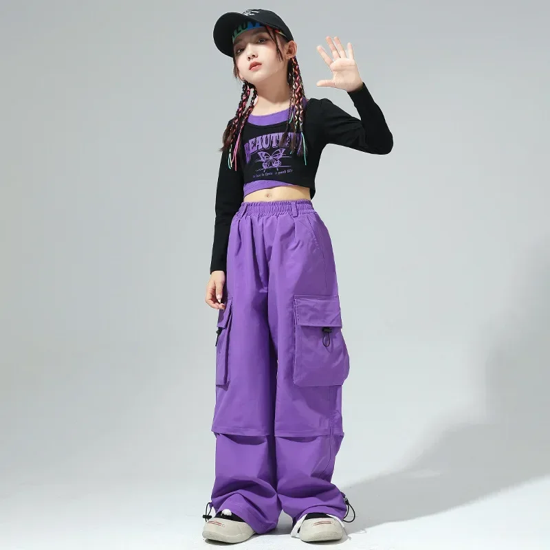 Children\'s Street Dance Fashion Suits Girl\'s Jazz Performance Hip-hop Clothes Color Matching Cool Wide Leg Pants Drop Shipping