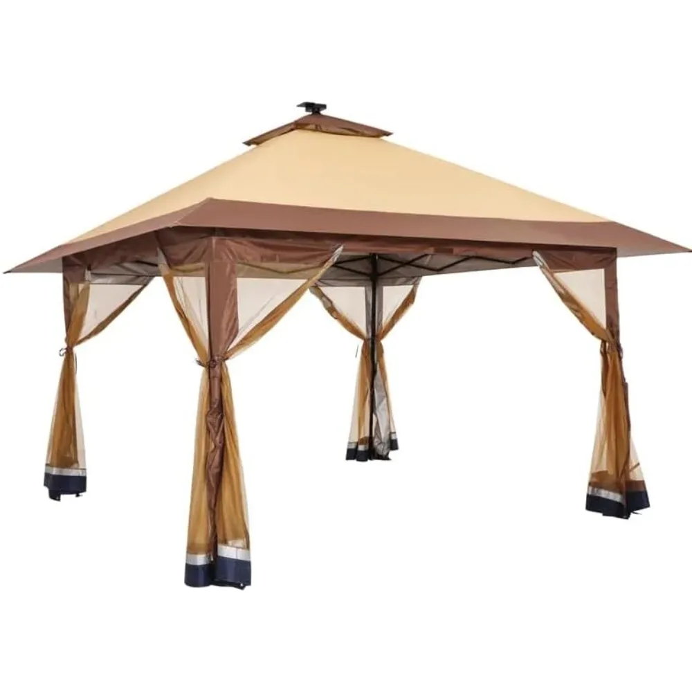 

13x13FT Outdoor Pop Up Gazebo, Patio Gazebo with Mosquito Netting and Double Roof, 3 Adjustable Heights Foldable Tent Shelter Qu