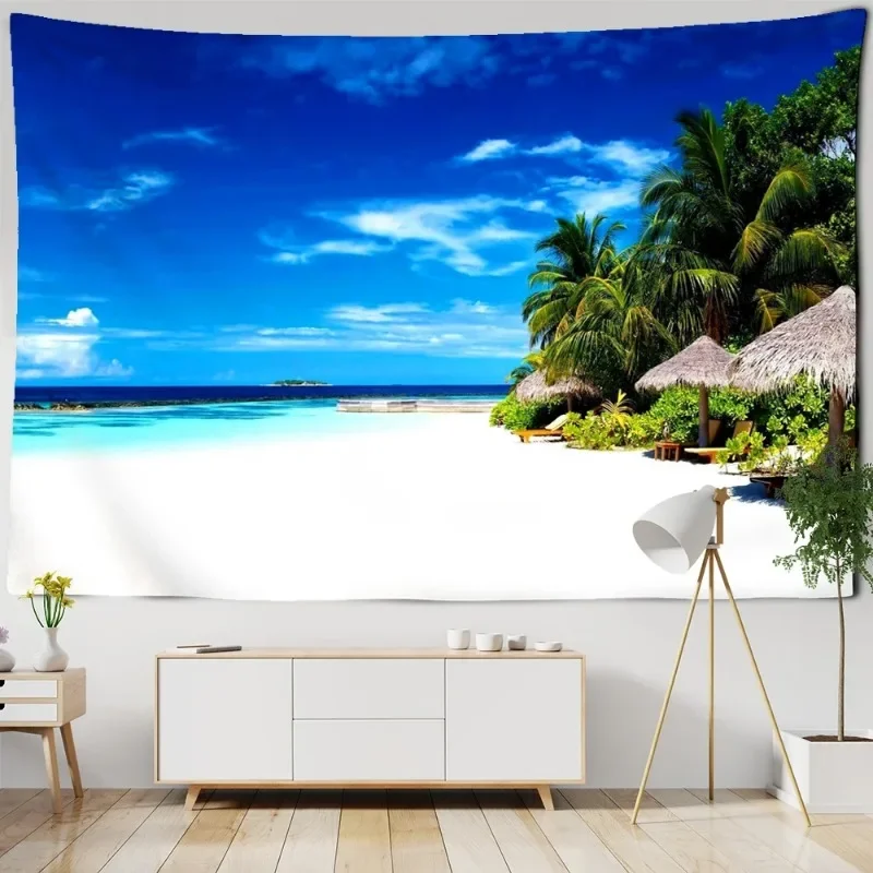 

Summer Ocean Landscape TapestryVacation Beach Palm Tree Bird Natural Scenery Tapestry Modern Living Room Decorative Wall Cushion