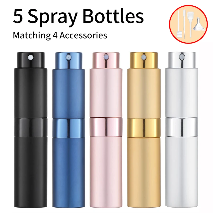 5 pezzi + 4 accessori nebulizzatore di profumo ricaricabile da 8 ml con 5 flaconi spray, 1 imbuto, 1 cannuccia, 1 dispenser Divan, 1 cannuccia a molla