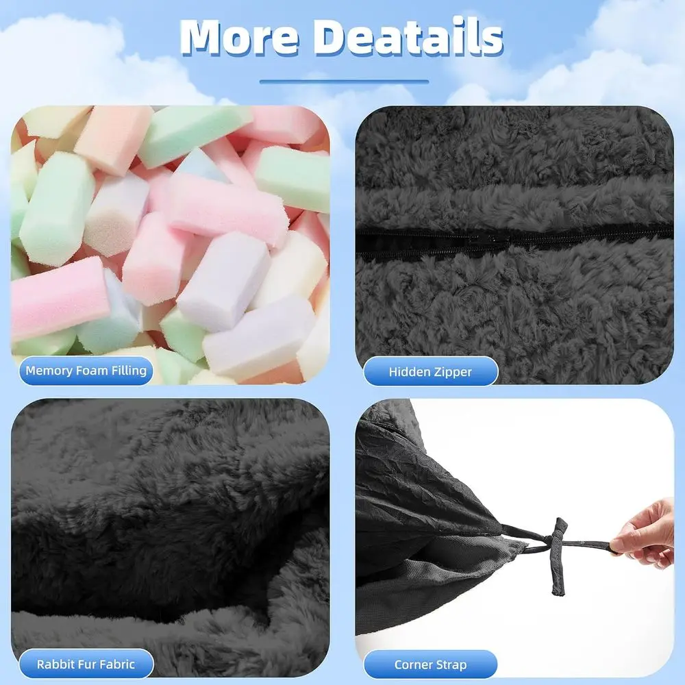 كرسي بين باج من إسفنج الذاكرة باللون الرمادي للبالغين - أريكة عملاقة مع غطاء من الفرو الصناعي قابل للغسل في الغسالة #5