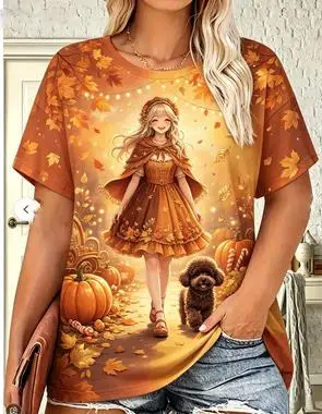 Women Crew Neck Short Sleeve T‑shirt Anime Magic Girl Cat Castle Butterfly Star Purple Print Casual Summer Tops