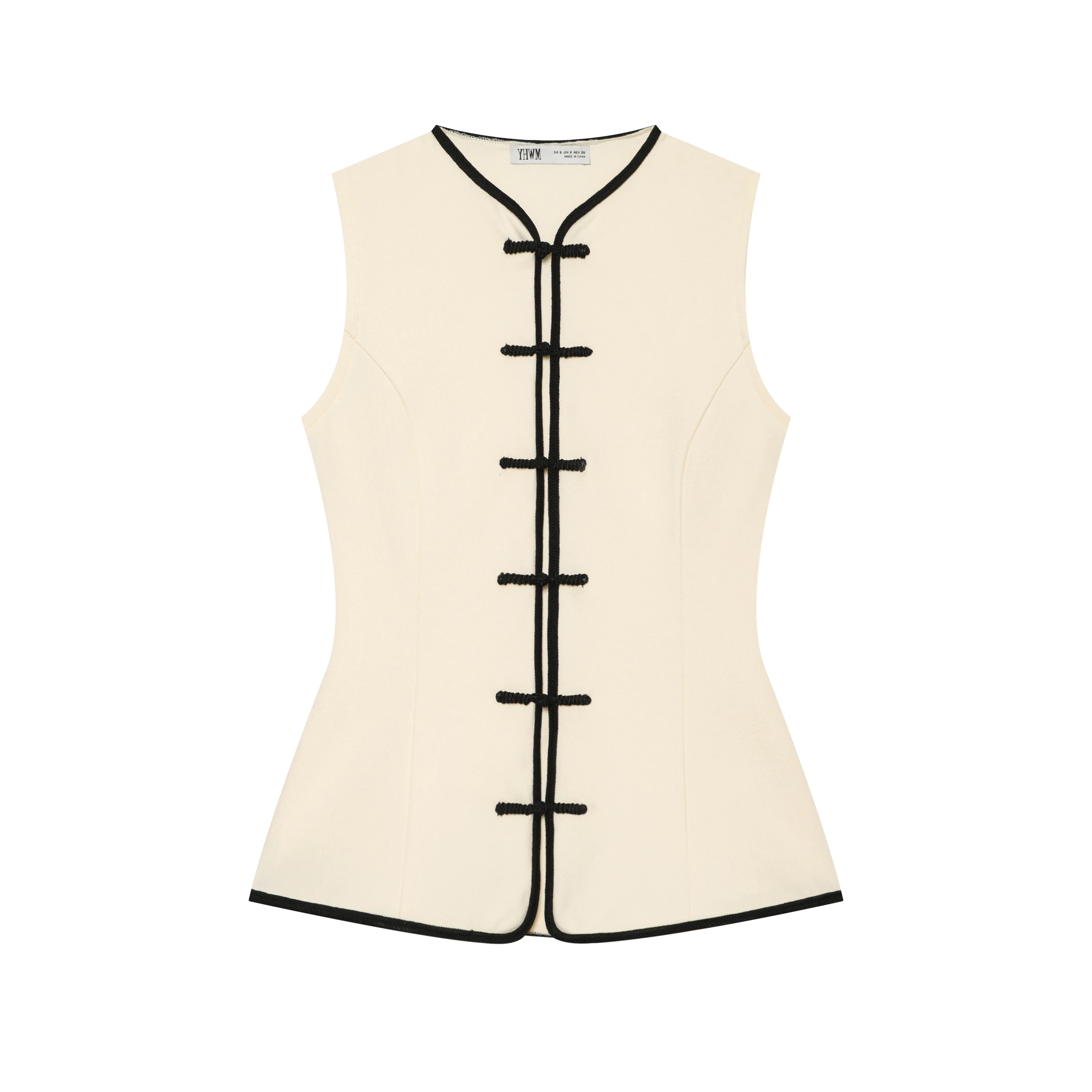 BSAY Chinese Style Women Contrast Binding Sleeveless Vest Wide Leg Pants Set Traditional Frog Buttons Casual Two Piece Outfit