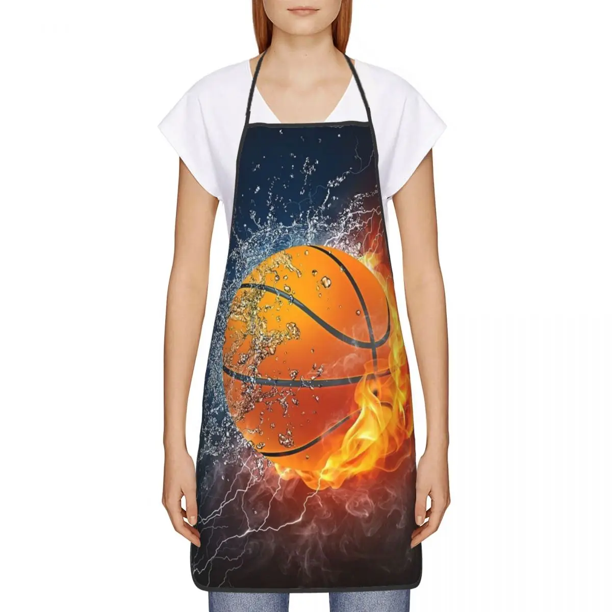 Custom Unisex Basketball Ice And Fire Bib Apron Adult Women Men Chef Tablier Cuisine for Cooking Kitchen Sport Player Gardening