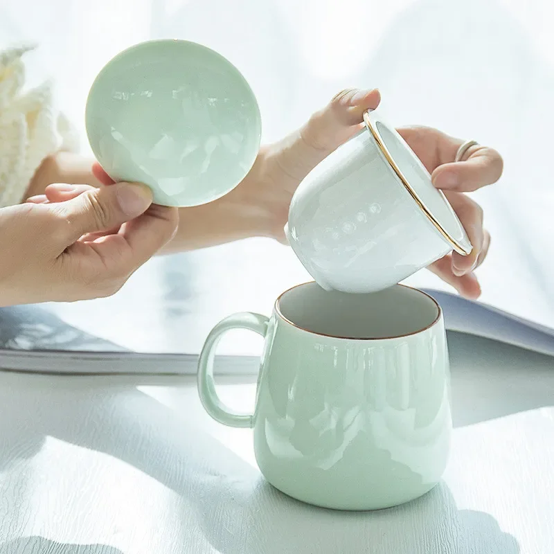 Ceramic Simple Tea Mug Porcelain Creative Tea Water Separation Cup with Lid and Filter Practical Home Office Teacup Drinkware