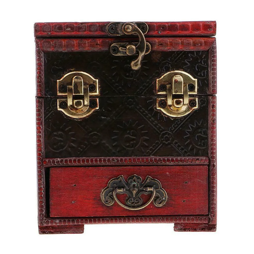 14x12cm Retro Metal Lock Wooden Case Treasure Chest Jewelry Storage Box Decor