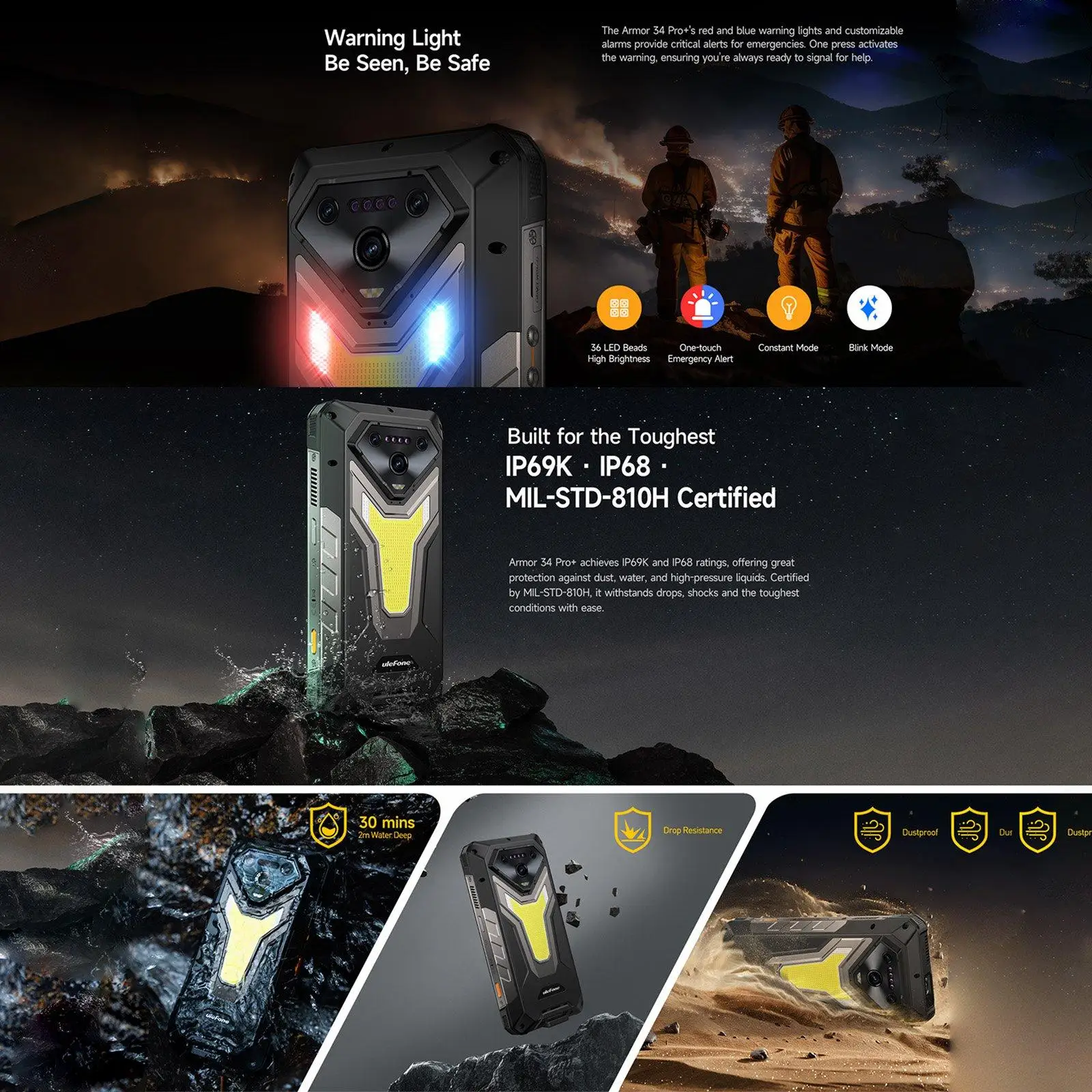 Ulefone Armor 34 Pro+ Rugged Smartphone 5G Projector 6.95" 120Hz 16GB+512GB 25500mAh 66W 64MP Night Vision Android 15 NFC
